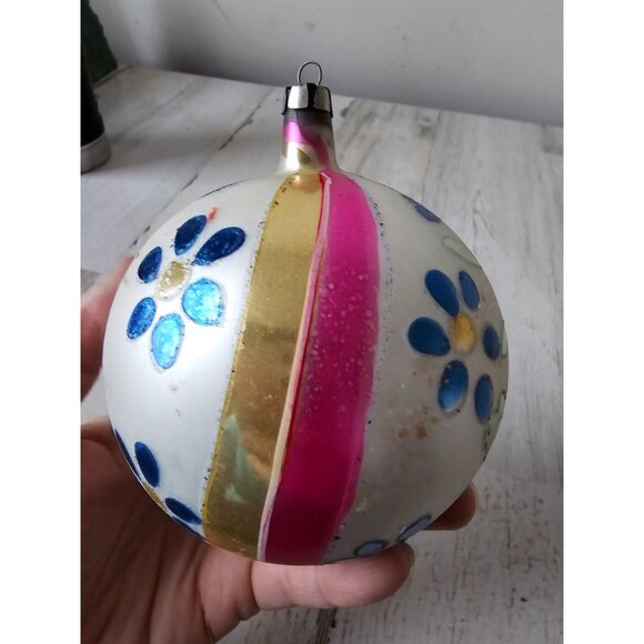 Antique flower ball mercury ornament glass blue yellow striped flocked - Picture 4 of 8